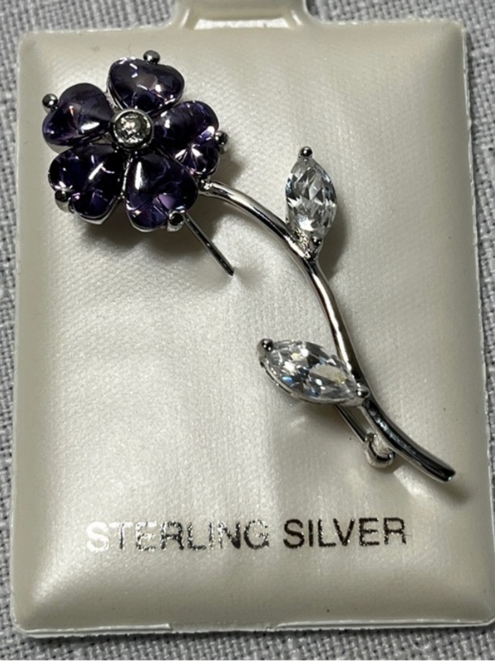 Sterling Silver Purple Flower Brooch Pin. Crystals. 
NEW. Makes a perfect gift.
